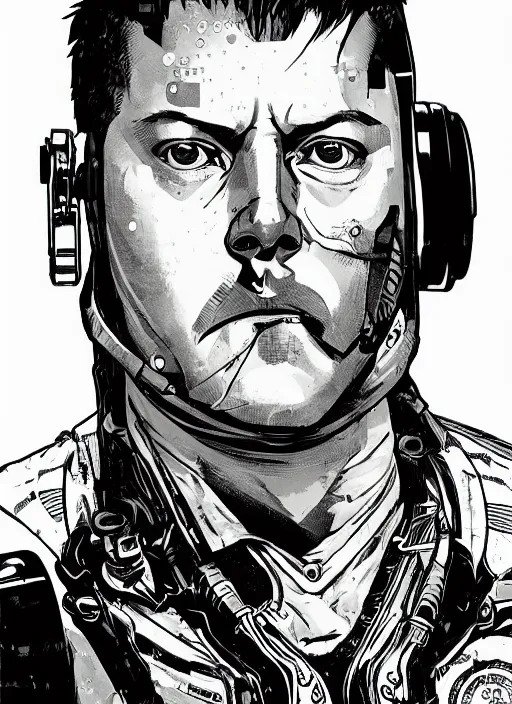 Image similar to cyberpunk paul blart. portrait by ashley wood and alphonse mucha and laurie greasley and josan gonzalez and james gurney. spliner cell, apex legends, rb 6 s, hl 2, d & d, cyberpunk 2 0 7 7. realistic face. vivid color. dystopian setting.