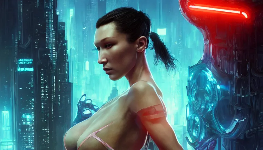 Image similar to altered carbon, bella hadid, sweaty, tech, warhammer, neon, lord of the rings, intricate, highly detailed, digital painting, artstation, concept art, smooth, sharp focus, illustration, unreal engine 5, 8 k, art by artgerm and greg rutkowski and alphonse mucha