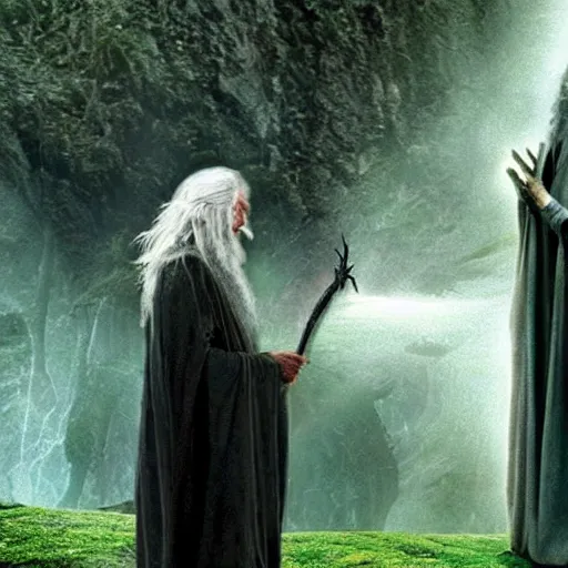 Image similar to gandalf doing a shamanic ritual with frodo in the movie lord of the rings, ayahuasca, dmt, magic mushroom, ultra realistic