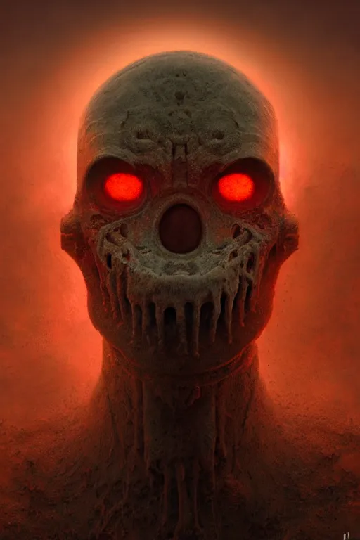 Image similar to portrait of doom guy, heroic pose, by Zdzislaw Beksinski, gothic, amazing details, volumetric lighting, 8k, cold hue's, warm tone gradient background