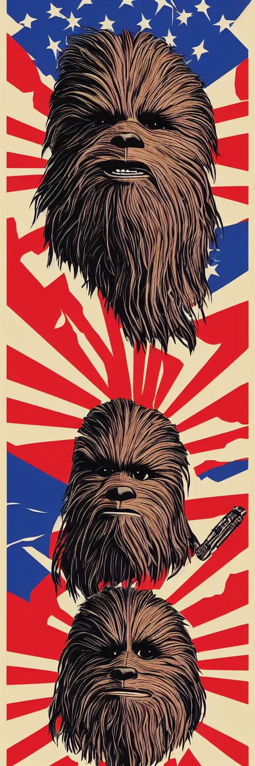 Image similar to chewbacca presidential election poster showing close up of chewbacca face red and blue duotone by sheperd fairey no text