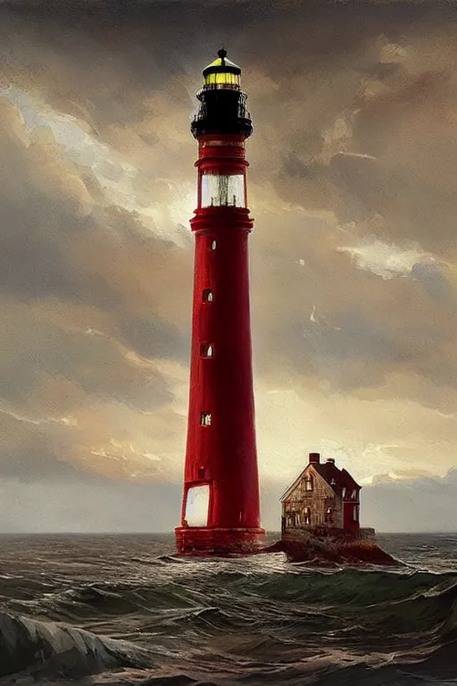 Image similar to imagine a ship in a bottle but instead of a ship there is a red and white lighthouse inside the bottle, very fancy whiskey bottle, masterpiece painting by greg rutkowski and jakub rebelka