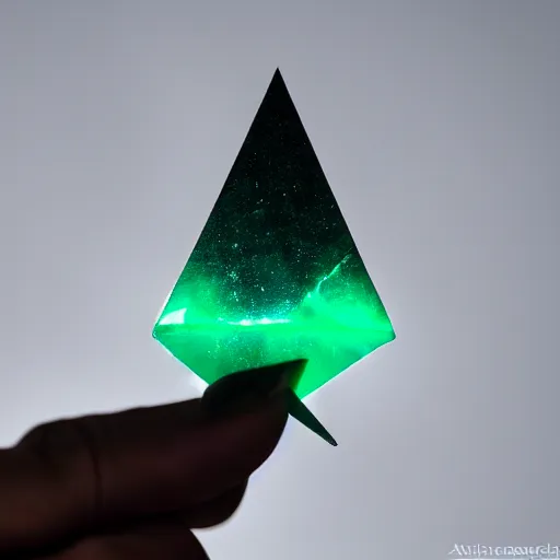 Prompt: a black gloved hand holding a dimly glowing triangular shard of kryptonite in pitch dark, black background