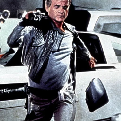 Prompt: bill murray in terminator, movie still, promotional shot