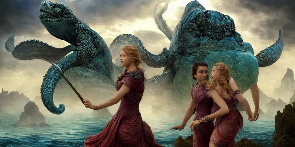 Image similar to Fantasy fairytale story, Great Leviathan Turtle, cephalopod, Cthulhu Squid, Mysterious Island, center Universe, accompany hybrid, Cory Chase, Blake Lively, Anya_Taylor-Joy, Grace Moretz, Halle Berry, Mystical Valkyrie, Anubis-Reptilian, Atlantean Warrior, intense fantasy atmospheric lighting, hyperrealistic, William-Adolphe Bouguereau, François Boucher, Jessica Rossier, Michael Cheval, michael whelan, Cozy, hot springs hidden Cave, Forest, candlelight, natural light, lush plants and flowers, Spectacular Mountains, bright clouds, luminous stellar sky, outer worlds, Solar Flare Unreal Engine, HD,