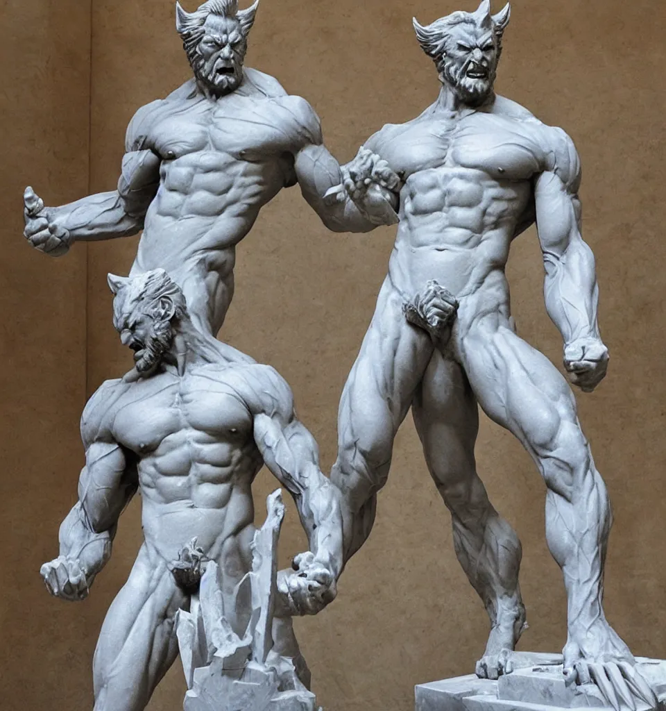 Image similar to a huge marble statue of wolverine by Rodin