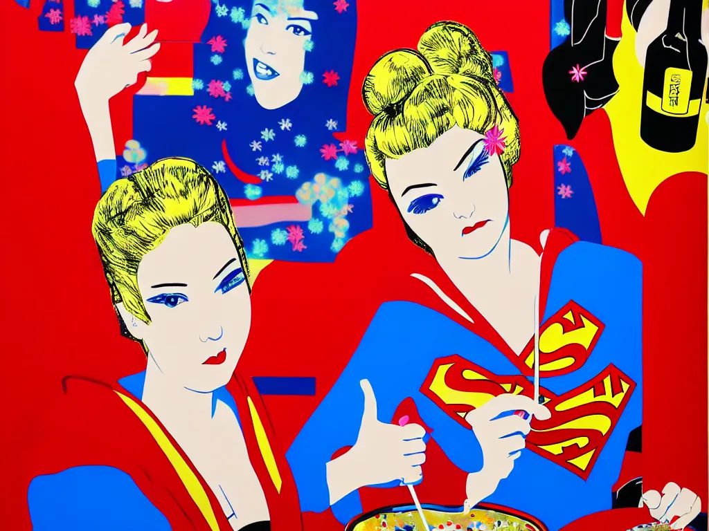 Image similar to hyperrealism composition of the detailed woman in a japanese kimono sitting at a poker table with superman, fireworks on the background, pop - art style, andy warhol style, acrylic on canvas