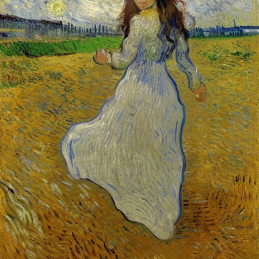 Prompt: an impressionist oil painting of girl with long hair in a white long dress running on the field in a foggy weather by van gogh