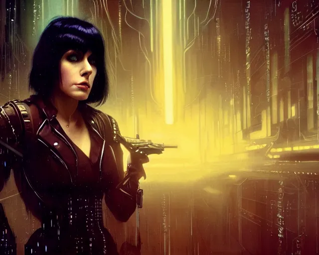 Prompt: a 4 k cinematic screenshot still portrait of joan jett in bladerunner, deep focus, d & d, fantasy, intricate, elegant, highly detailed, digital painting, artstation, concept art, matte, sharp focus, illustration, dark fantasy style art, hearthstone, art by artgerm and greg rutkowski and alphonse mucha