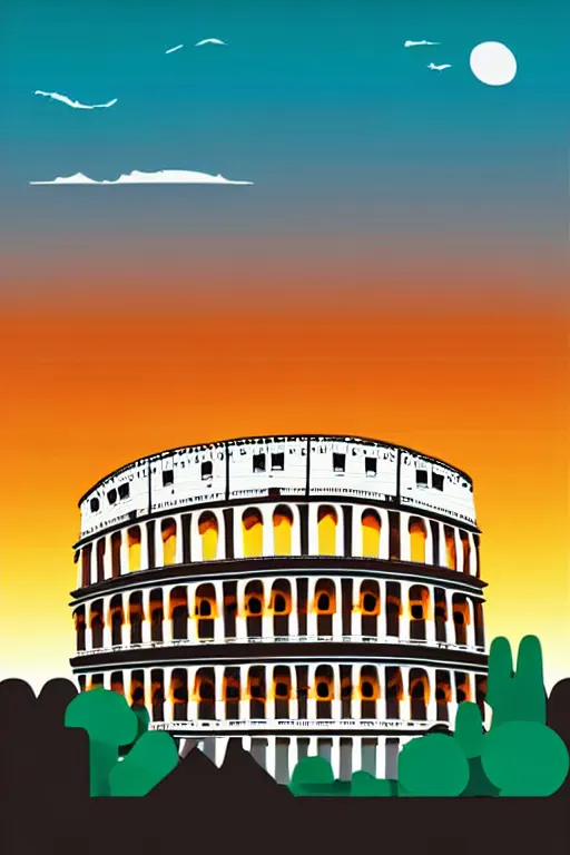 Prompt: minimalist boho style art of colorful colosseum rome at sunset, illustration, vector art