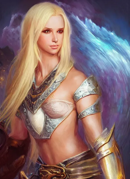 Image similar to blonde female, ultra detailed fantasy, dndbeyond, bright, colourful, realistic, dnd character portrait, full body, pathfinder, pinterest, art by ralph horsley, dnd, rpg, lotr game design fanart by concept art, behance hd, artstation, deviantart, hdr render in unreal engine 5
