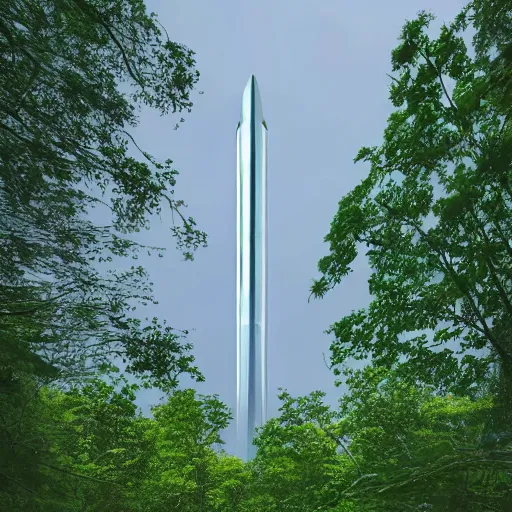 Image similar to a huge futuristic tower in the middle of a calm forest