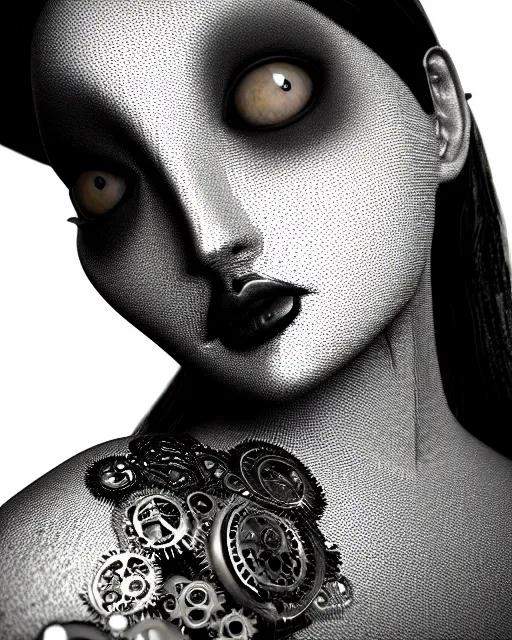 Image similar to black and white dreamy foggy smoky profile face portrait, one silver steampunk realistic eye biomechanical beautiful young female cyclope - cyborg - robot bust, body ribs meshes,, volumetric light, hibiscus flowers, by hg giger, rim light, by dora maar and cecile beaton, big gothic fashion pearl embroidered collar, 8 k