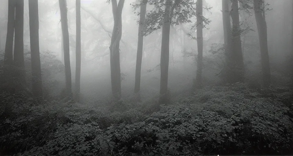 Image similar to deep inside the forest, fog, mist, moss, ferns, by ansel adams, polaroid