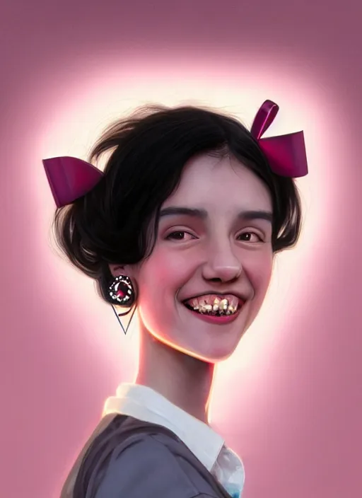 Image similar to portrait of high school girl, realistic, black hair, bangs, half updo hairstyle, pointy nose, skinny, smile, ugly, defined jawline, big chin, pink hair bow, earrings, intricate, elegant, glowing lights, highly detailed, digital painting, artstation, sharp focus, illustration, art by wlop, mars ravelo and greg rutkowski