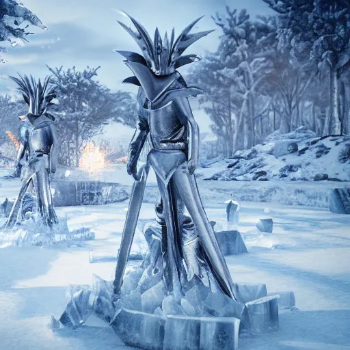 Image similar to ice spikes are summoned from the ground by magic, impalement knights by ice spikes, octane render, unreal engine