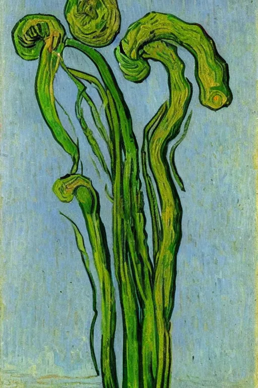 Prompt: Fiddleheads, painted by Vincent Van Gogh (1890), oil on canvas, detailed brushstrokes