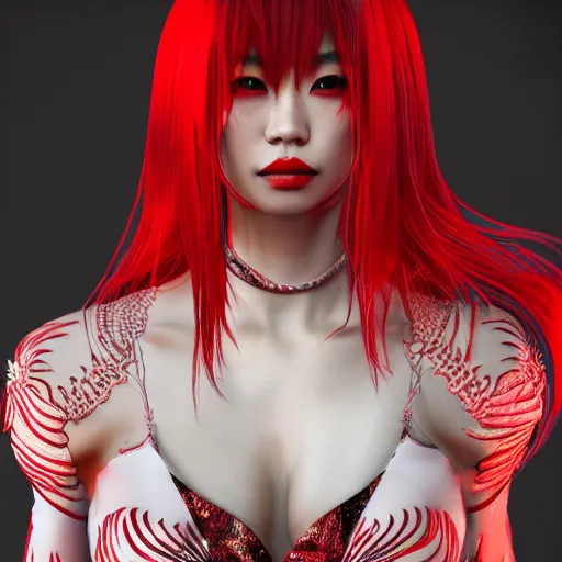 Image similar to Japanese model with maximalist hair style and makeup, fashion model, unreal engine octane, red and white, portrait, gliter, depth of field, 8k, hyper detailed, intricate, trending on artstation