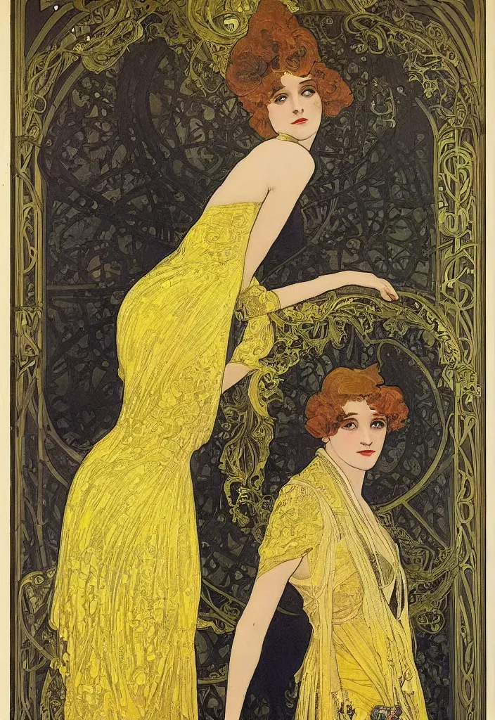 Image similar to a young woman looks deeply into the viewer, 1920's london street, art nouveau, extravagant fashion, intricate yellow dress with gold trims, lacey, dark streets, grungy, style of and by alphonse mucha, color painterly