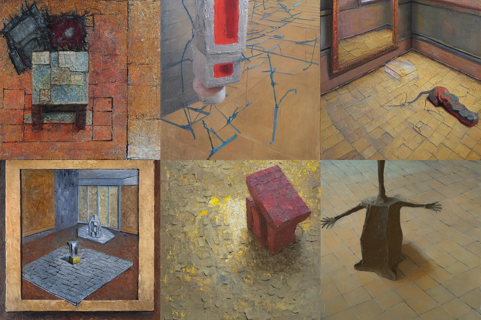 Prompt: a detailed, impasto painting by shaun tan and louise bourgeois of an abstract forgotten sculpture placed on the floor by ivan seal and the caretaker