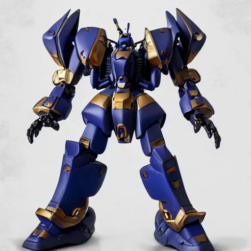 Image similar to gouf mobile suit, barbatos gundam, carved sapphire mechanical exoskeleton wearing hardsurface armour, inlaid with gold rococo, bladed wings lace wear, sculpted by spider zero, frank gehry, trending on artstation, missle turrets, hyper detailed, option parts, custom # mecha # frank gehry # spider zero