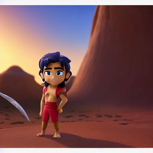 Prompt: profile view of young heroic aladdin as nendoroid walking in a desert in the croods movie style, anime, disney, pixar, 8 k, hd, dof, kodak film, volumetric lighting, subsurface scattering, photorealistic, octane render, details