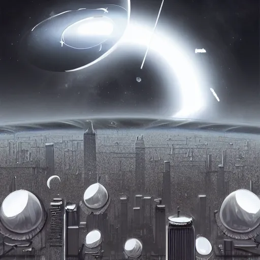 Image similar to concept art of png logo of black hole rising above city, city destroyed by shockwave, black hole with accretion disс, gravitational singularity, vector logo, sticker, black and white logo, ink drawing, minimalism, digital illustration, mspaint, by greg rutkowski, syd mead