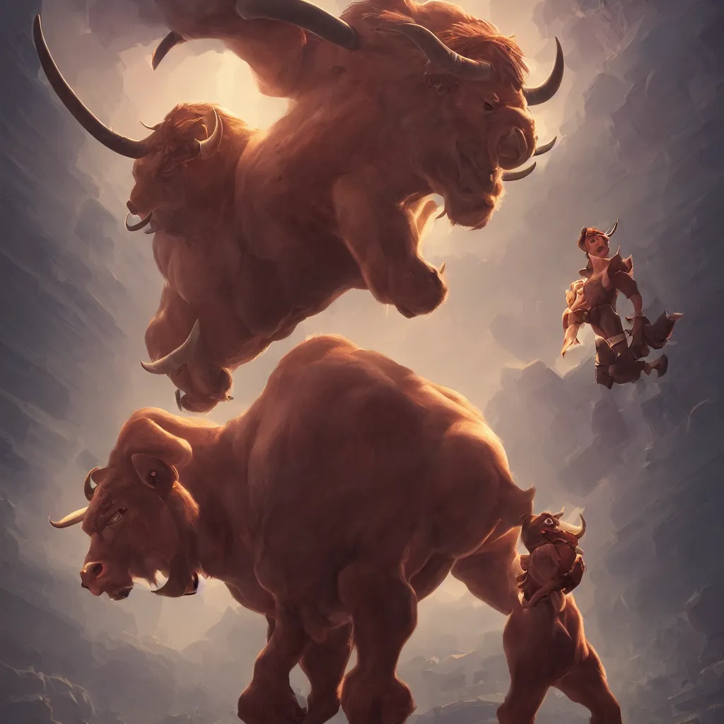 Image similar to portrait of a minotaur, an antropomorphic creature with a bull face, dark hair, mattepainting concept blizzard pixar maya engine on cold night stylized background splash comics global illumination lighting artstation lois van baarle, ilya kuvshinov, rossdraws