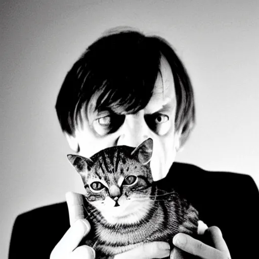 Image similar to mark e smith holding up a cat by the tail, sniffing the cat