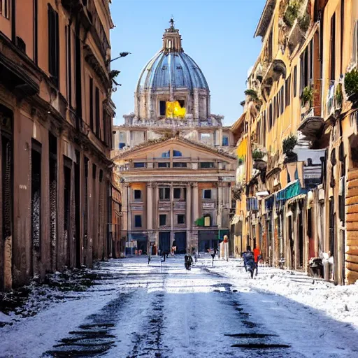 Image similar to The city of Rome under the snow on August. It's snowing everywhere on the entire cityscape of Rome under a blue sky and a very hot sun. It's crazy hot.