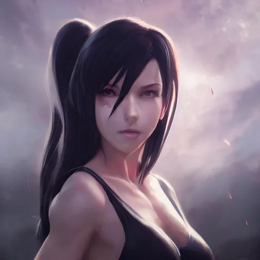 Prompt: kerli koiv as tifa lockhart, character headshot concept art, sharp, digital matte painting, art by artgerm, greg rutkowski, wlop, dramatic lighting, trending on artstation