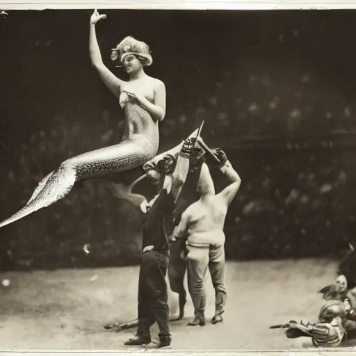 Prompt: mermaid on a circus, crowd shocked, 3 5 mm, 1 9 2 0, photograph