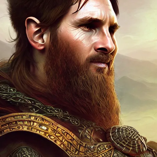 Image similar to Messi as a viking, closeup, D&D, fantasy, intricate, elegant, highly detailed, digital painting, artstation, concept art, matte, sharp focus, illustration, art by Artgerm and Greg Rutkowski and Alphonse Mucha