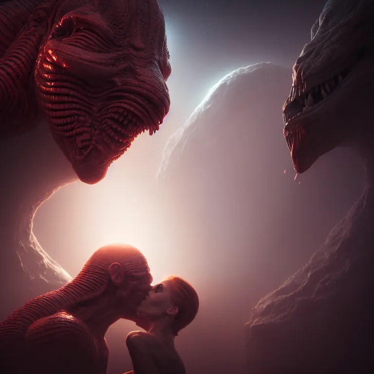 Image similar to closeup portrait of ribbed alien kissing prehistoric human, lucid dream - like heavy atmosphere, baroque painting, harsh flash photo, perfect composition, detailed octane render trending on artstation, 8 k artistic photography, volumetric cinematic perfect light, chiaroscuro, masterpiece, raphael, caravaggio, beksinski, rutkowski, beeple