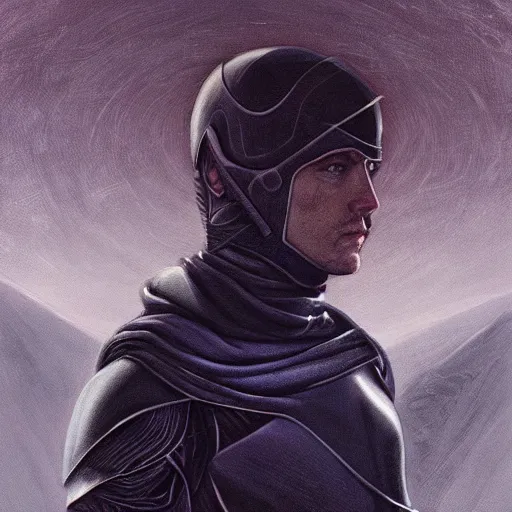 Image similar to realistic paul atreides emperor of the known universe, perfect dramatic and dark portrait by rabbitary b, trending on artstation, deviantart, dune
