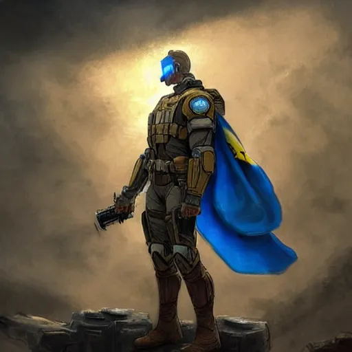 Image similar to a full body shot from distance of a super soldier with a Ukrainian yellow and blue flag standing in the beam of light from the clouds in a triumph after battle, western, masculine figure, D&D, fantasy, intricate, elegant, highly detailed, digital painting, artstation, concept art, matte, sharp focus, symmetrical, illustration, art by Artgerm and Greg Rutkowski and Alphonse Mucha