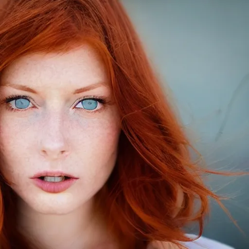 Prompt: close up portrait photo of the left side of the face of a redhead woman with blue eyes and big black round pupils who looks directly at the camera. Slightly open mouth, face covers half of the frame, with a park visible in the background. 135mm nikon. Intricate. Very detailed 8k. Sharp. Cinematic post-processing. Award winning photography