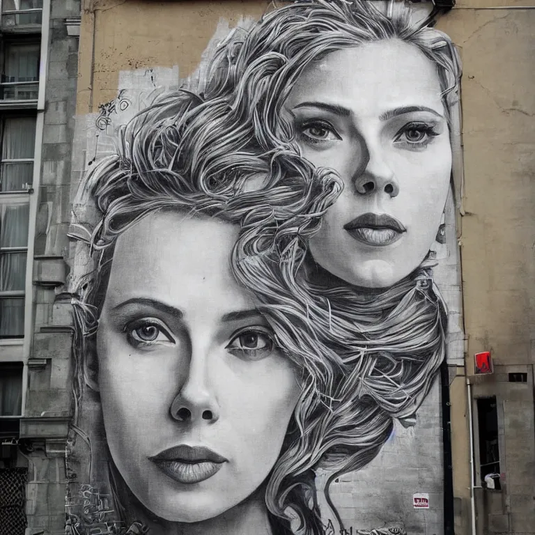 Image similar to Detailed street-art portrait of Scarlett Ingrid Johansson in style of Banksy