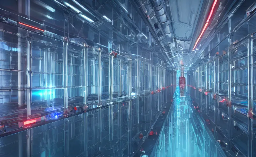 Prompt: a stunning photo of a dark sci-fi biosafety level 4 ward belonging to a company called Relith Science, with rows of glass cylinders holding different specimens of severed limbs, dark lighting, volumetric light, red, cyan, misty, ultra-detail, unreal engine 5, photorealistic