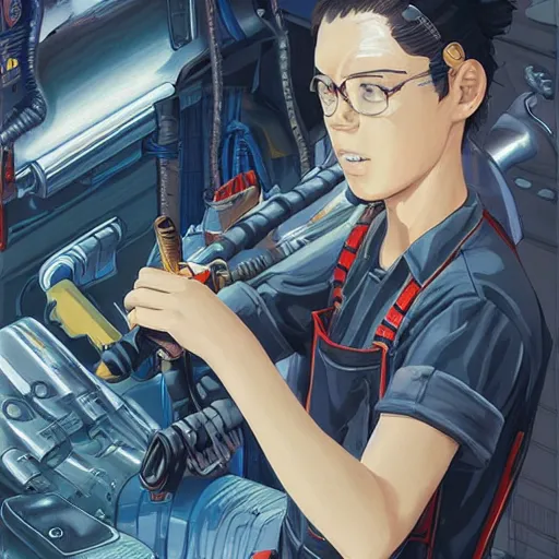 Image similar to Full body portrait of a mechanic in overalls repairing a mech, cyberpunk, illustration, detailed face, detailed background, Ilya Kuvshinov, Hayao Miyazaki, Takashi Takeuchi, Masamune Shirow