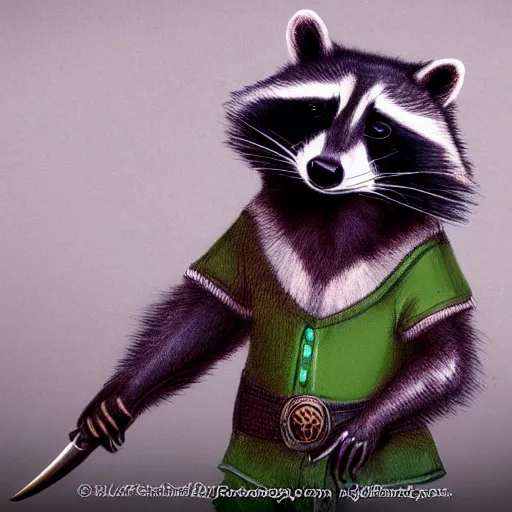 Prompt: a raccoon in a green rouge outfit with a dagger, trending on art station