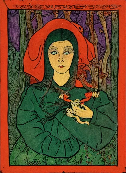 Prompt: portrait of a woman holding a frog ; pretty face ; scary slavic tale ; ivan bilibin style ; 8 k ; sharp focus