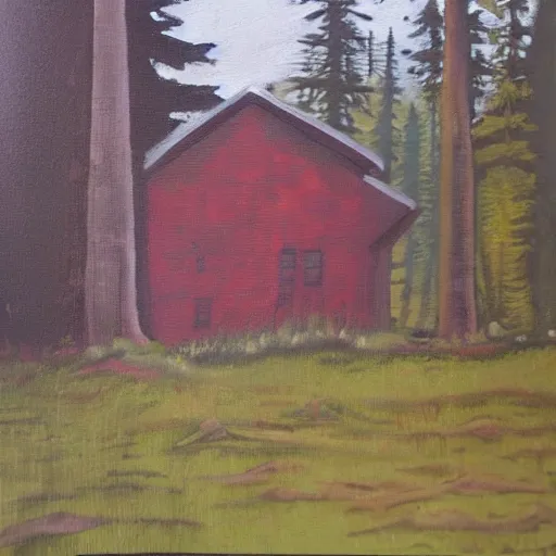 Image similar to a painting of a Eerie cabin in the middle of the woods in the style of 19th century Hudsons bay river school of art