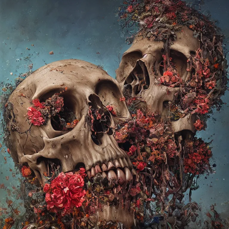 Prompt: A beautiful oil painting hyperrealism of a decayed zombie head, rotting clay skin, skull bones flowers, 8k resolution, octane render, Trending on artstation, by Gediminas Pranckevicius, volumetric light 2blue fractal Thunder glow by dan mumford, anaglyph effect, Laurie Lipton