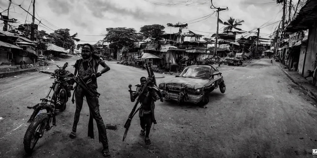 Image similar to sri lankan mad max style, city streets, film still, epic shot cinematography, rule of thirds