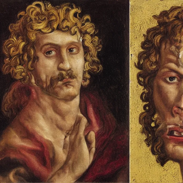 Image similar to portrait, headshot, of Dionysus, the Greek god of wine, heartbroken by 20th-century artist Francis Bacon triptych , high detail