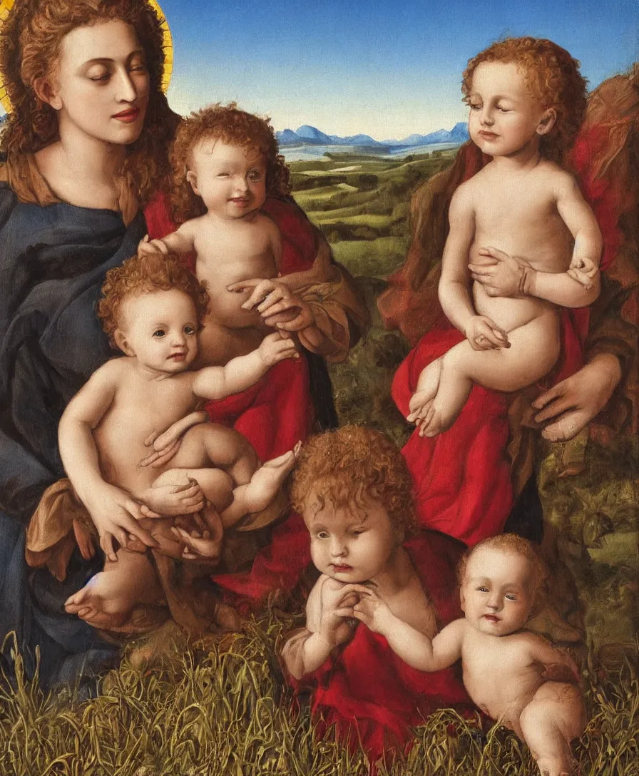 Prompt: Detailed Portrait of Madonna, with infant Jesus playin with thin long cross in the style of Raffael. Red curly hair. They are sitting in a dried out meadow in Tuscany, red poppy in the field. On the horizon there is a blue lake with a town like florence and blue mountains alps. Golden Ratio. Flat perspective.