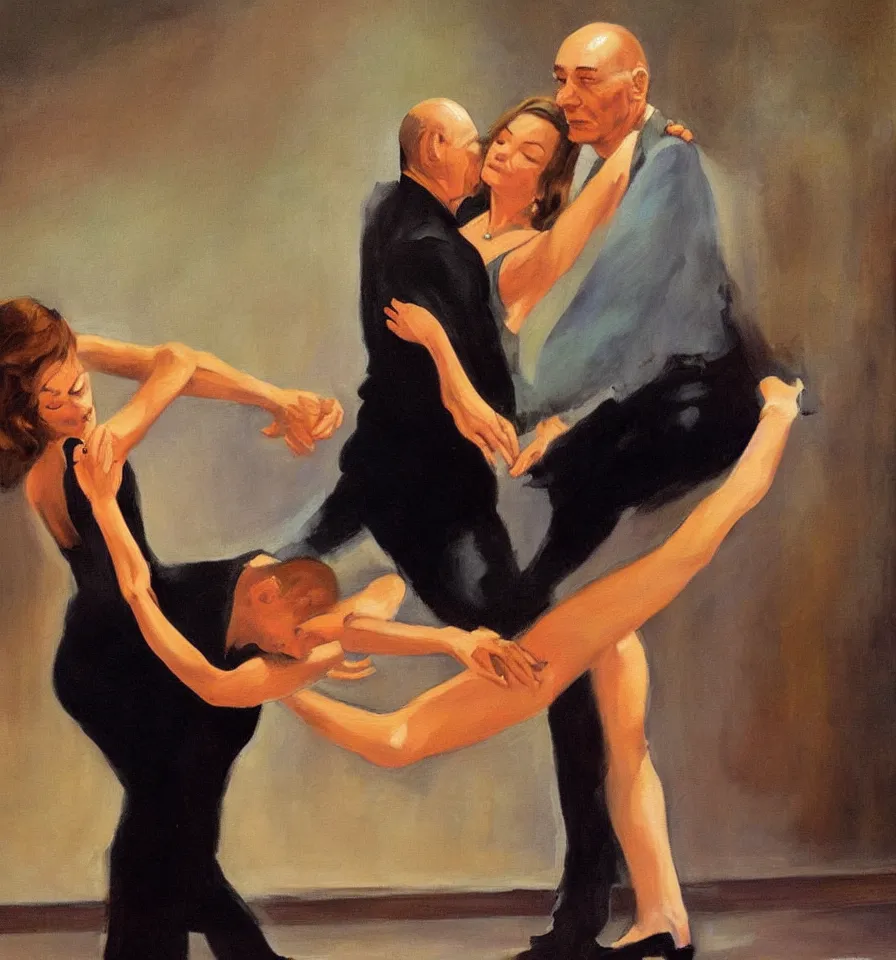 Image similar to A emotional painting of Romy Schneider and Patrick Stewart dancing Tango in a moody spanish club inspired by Edward Hopper and Gustave Courbet.