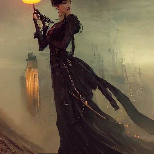 Image similar to a fancy photograph of an attractive women in a steampunk style high cut dress by greg rutkowski, sung choi, mitchell mohrhauser, maciej kuciara, johnson ting, maxim verehin, peter konig, 8 k photorealistic, cinematic lighting, hd, high details, dramatic, dark atmosphere, trending on artstation