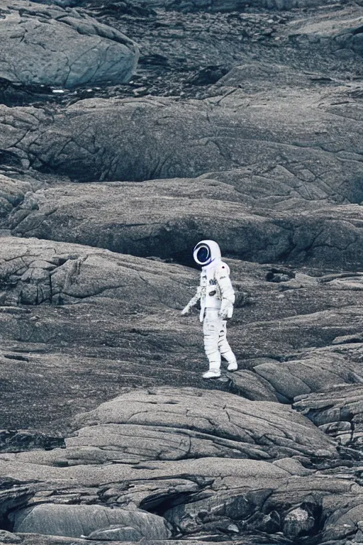 Prompt: futuristic astronaut standing in rocky landscape of Isle of Harris, Scotland, 35mm, photorealistic